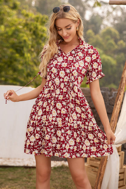 Floral Ruffle Trim Tie-Neck Dress