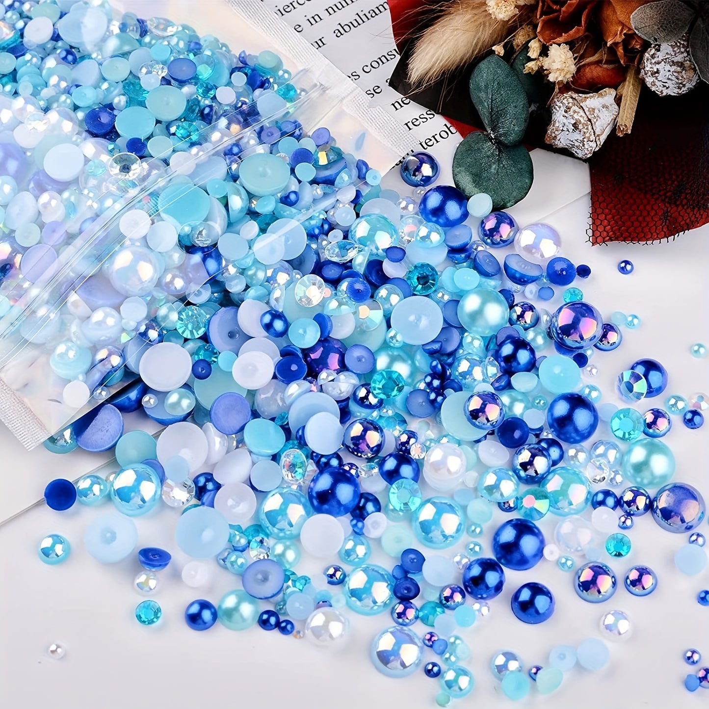 3800pcs 30g Mixed Flat Back Pearls and Rhinestones for Crafts and Nail Art - 3mm-10mm Sizes in Blue, Pink, and White - Perfect for Eye Makeup and Jewelry Design