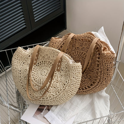 Woven Straw Round Handbags, Hollow Out Summer Beach Bag, Women's Large Capacity Shoulder Bag