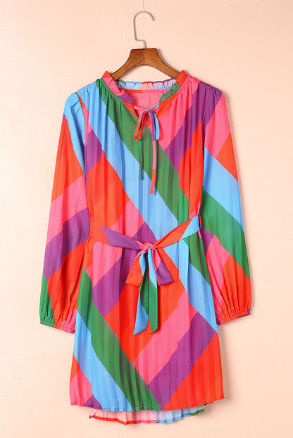 Multicolored Tie-Waist Pleated Balloon Sleeve Dress