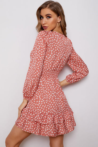 Printed Surplice Neck Puff Sleeve Ruffle Hem Dress