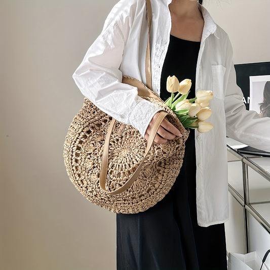 Woven Straw Round Handbags, Hollow Out Summer Beach Bag, Women's Large Capacity Shoulder Bag