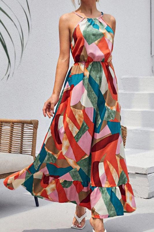 Robe longue multicolore nouée à col grec