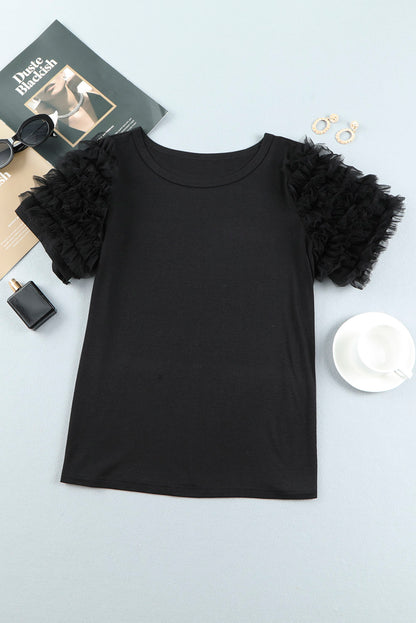 Round Neck Mesh Trim Short Sleeve Tee