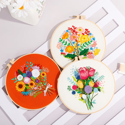 3pcs/set Embroidery Kit, Flower Bouquet Pattern, Including 1 Embroidery Hoop 7.9 Inch, DIY Knitting & Crochet Gift