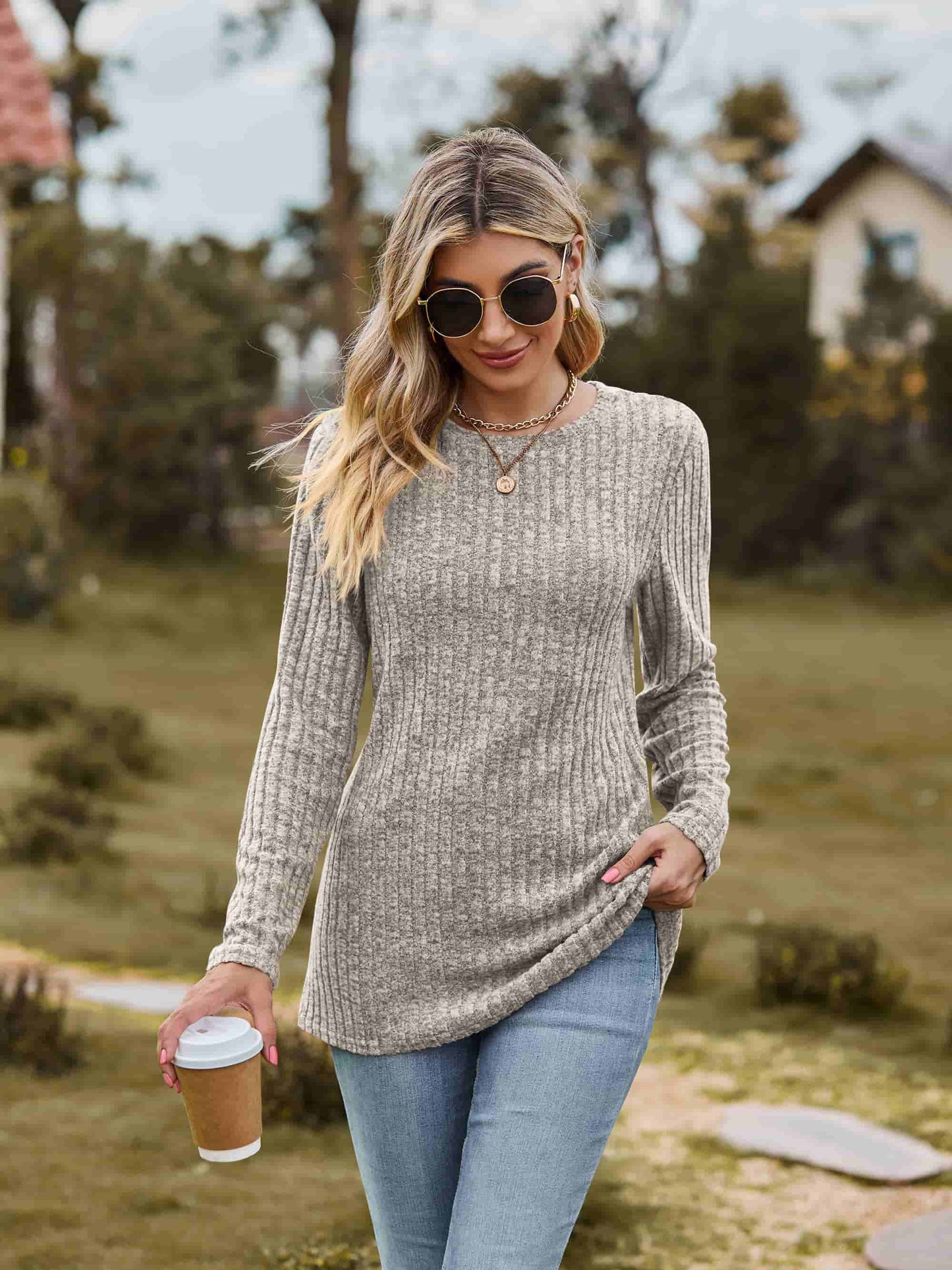 Ribbed Round Neck Long Sleeve Tee