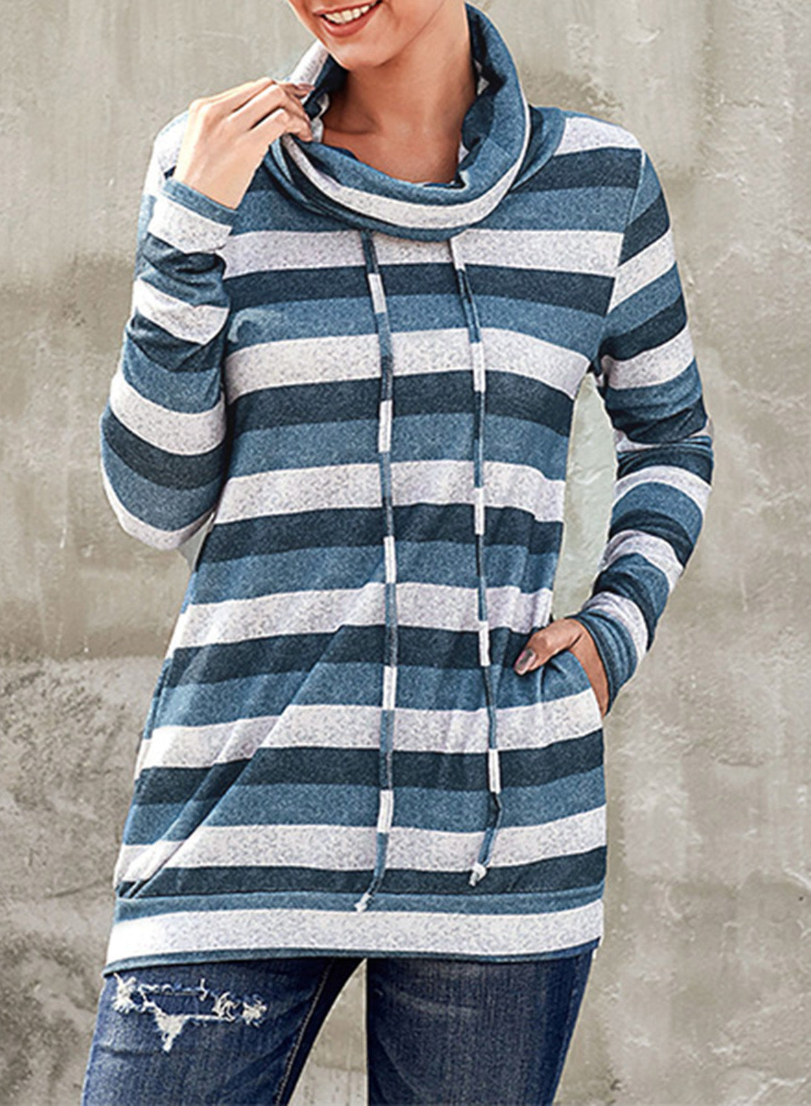 Striped Cowl Neck Tunic Sweatshirt