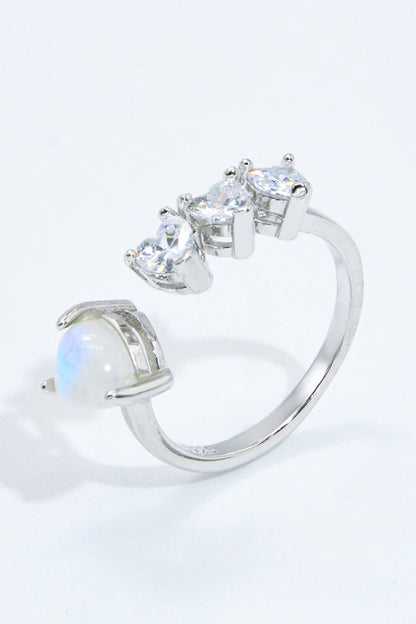 Bague ouverte coeur pierre de lune naturelle et zircon