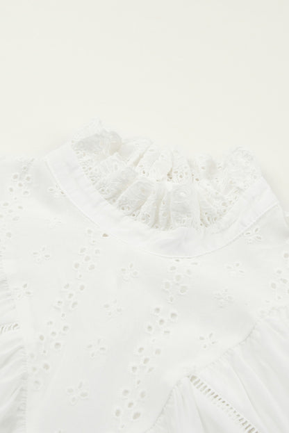 Spliced Lace Curved Hem Flounce Sleeve Top