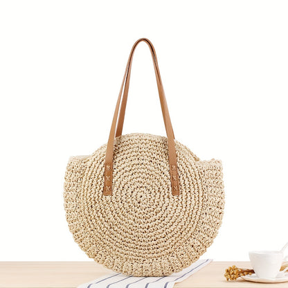 Stylish Woven Beach Bag - Hollow-Out Straw Handbag with Large Round Capacity for Shoulders