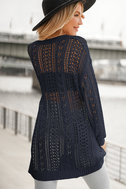 Openwork Ribbed Cuff Longline Cardigan