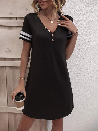 Striped Short Sleeve Decorative Button Dress