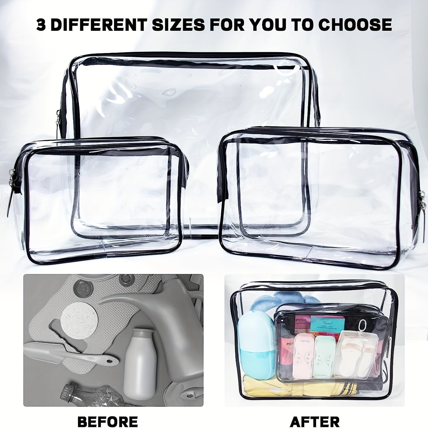 3 Pcs Transparent Inner Bags, Waterproof Zipper Bags & 2 Hooks, Travel Accessories