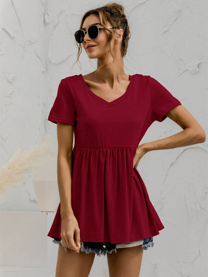 V-Neck Short Sleeve Babydoll Top