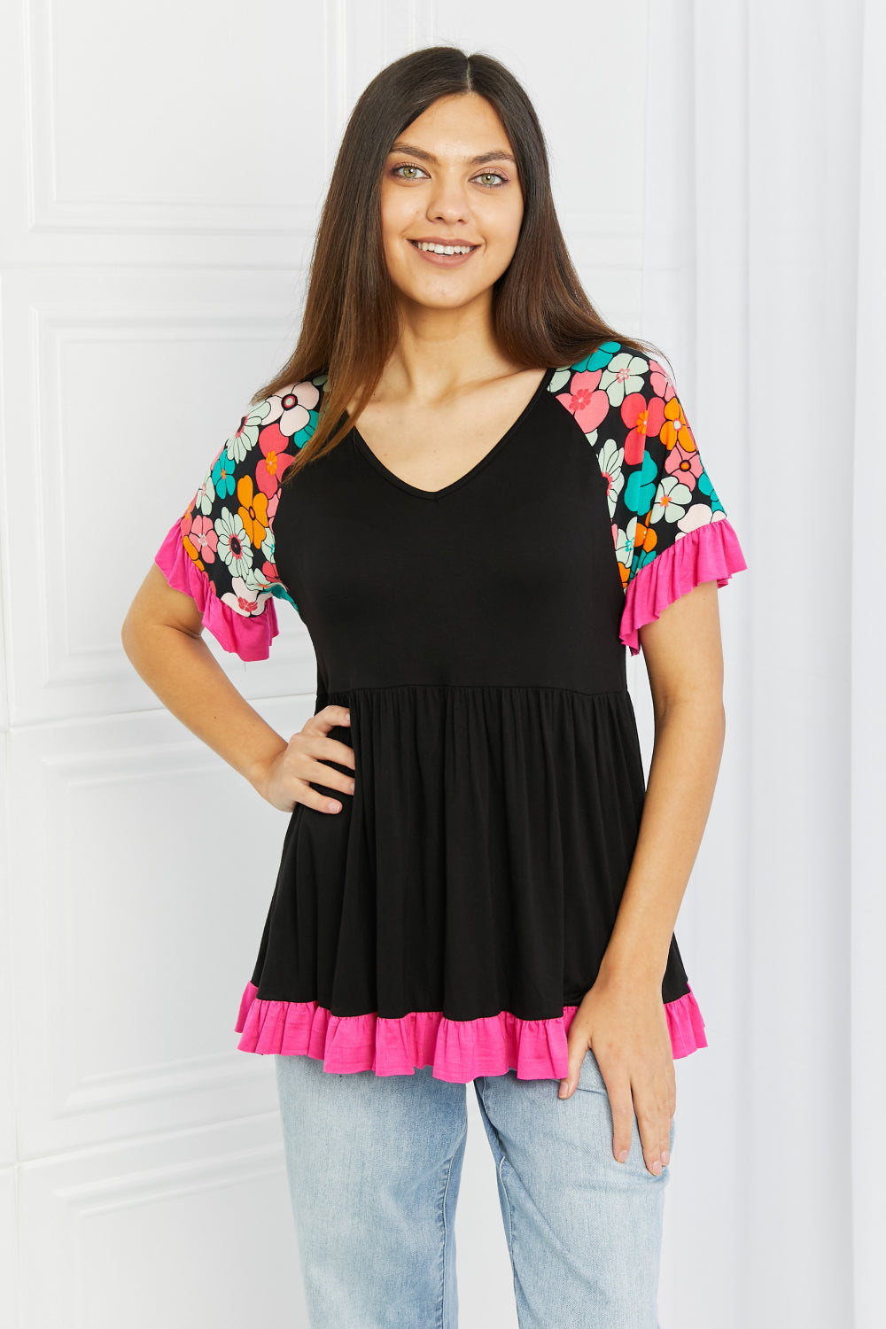 Celeste Take Me Out Full Size Ruffle Tunic Top in Black/Fuchsia