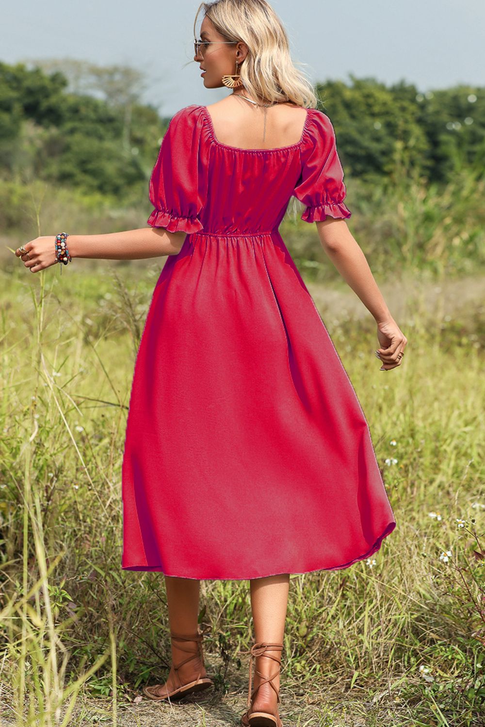 Tie Front Sweetheart Neck Flounce Sleeve Dress