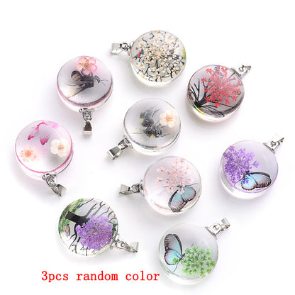 3pcs Clear Round Glass Dried Flower Pendant - Perfect for Butterfly Flower Necklace Making!