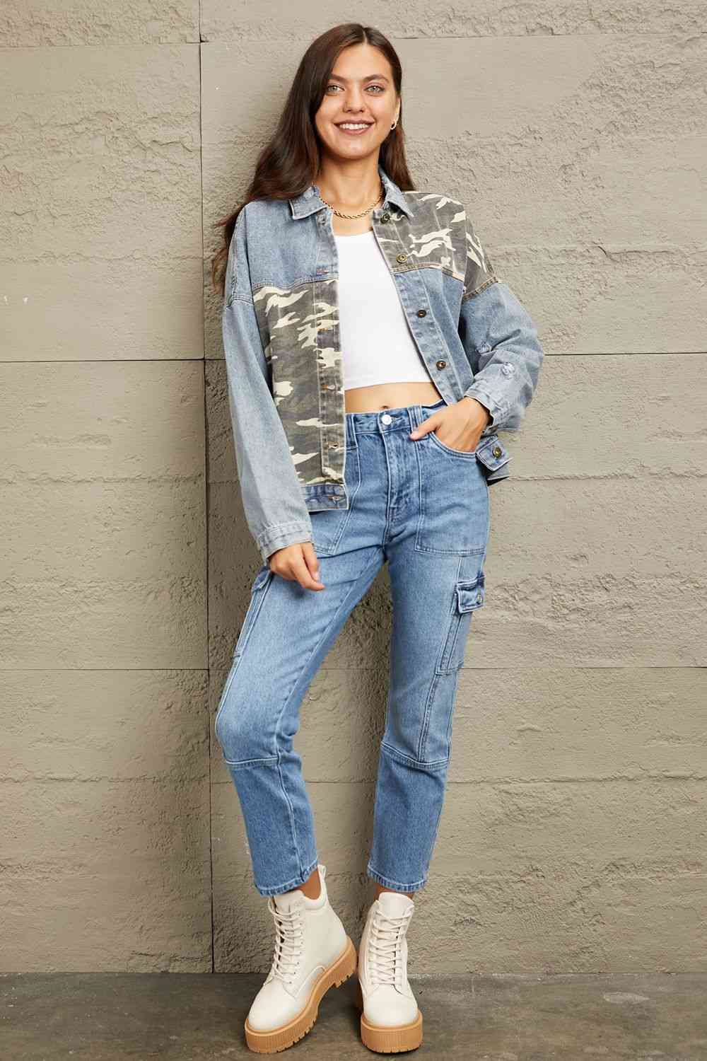 GeeGee Veste contrastée en denim délavé pleine taille