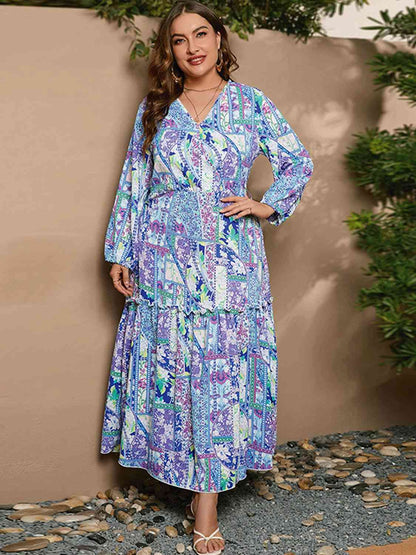 Robe Maxi Imprimée à Manches Longues de Grande Taille