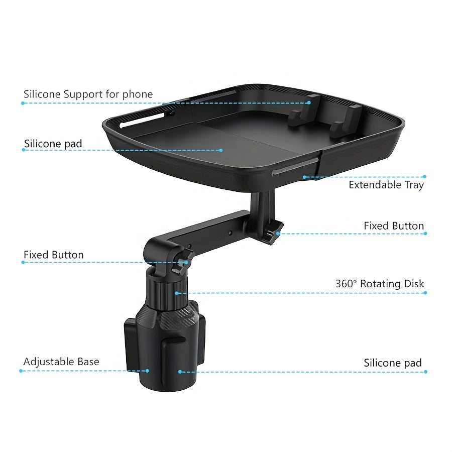 Actualice sus viajes en automóvil con esta mesa con bandeja giratoria multifuncional: ajustable en 360°, ranura para teléfono y más. 