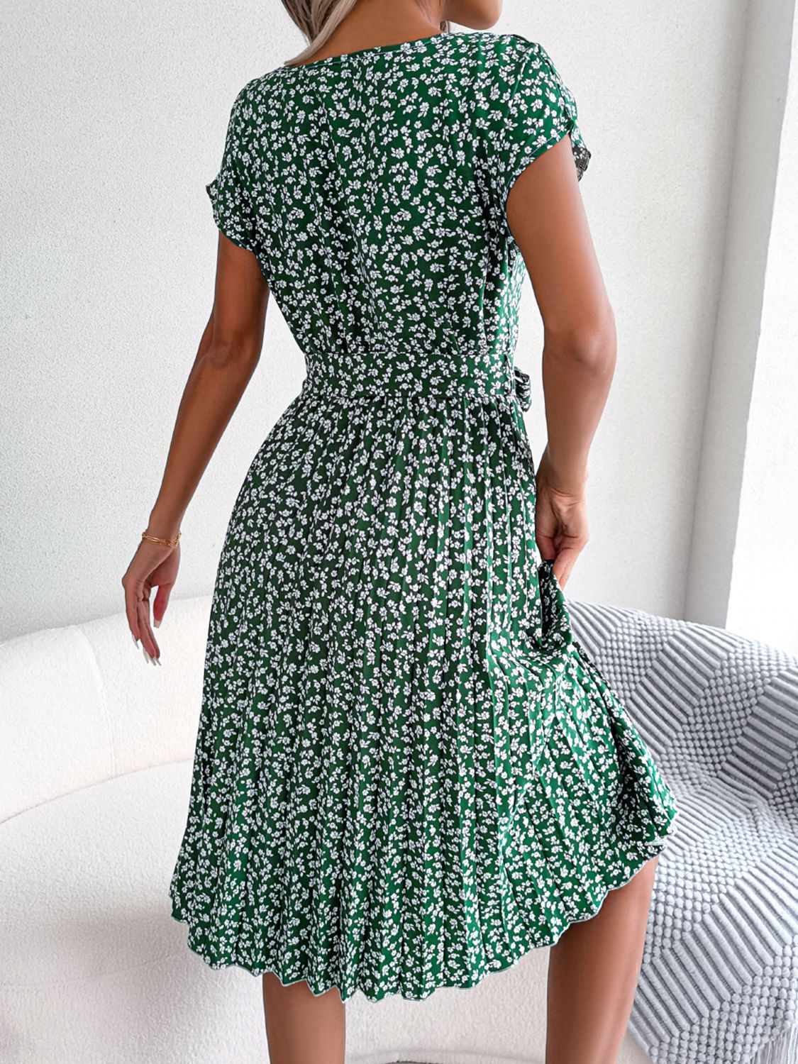 Ditsy Floral Pleated Belted Dress