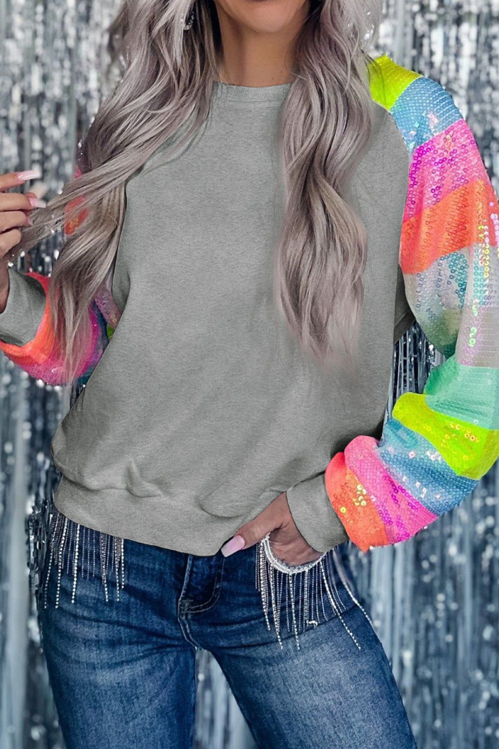 Round Neck Color Block Glitter Sleeve Sweatshirt