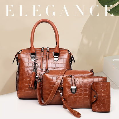 4-Piece Croc-Embossed Handbag Set: Tassel-Decorated Shoulder Bag, Wristlet Purse & Card Holder