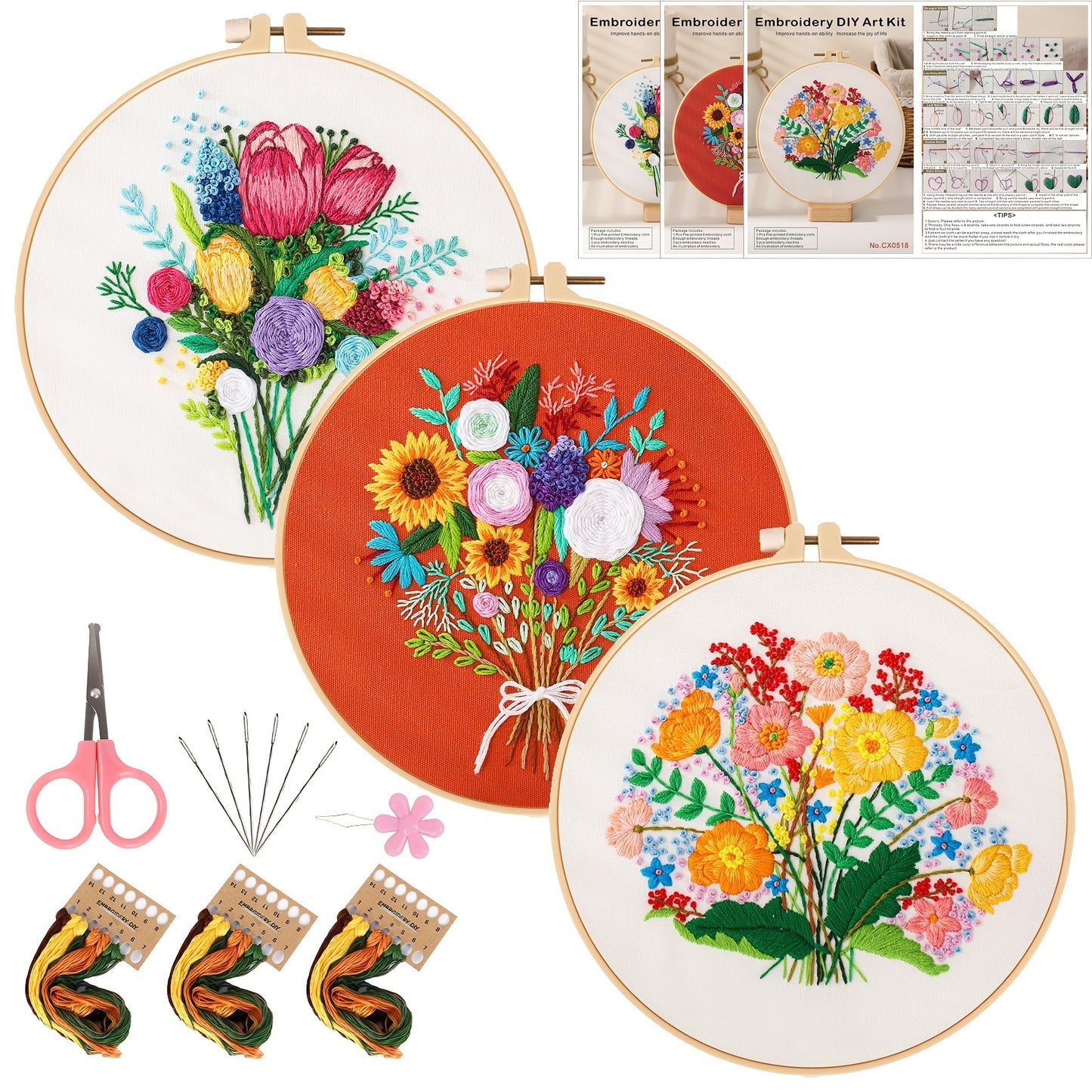 3pcs/set Embroidery Kit, Flower Bouquet Pattern, Including 1 Embroidery Hoop 7.9 Inch, DIY Knitting & Crochet Gift