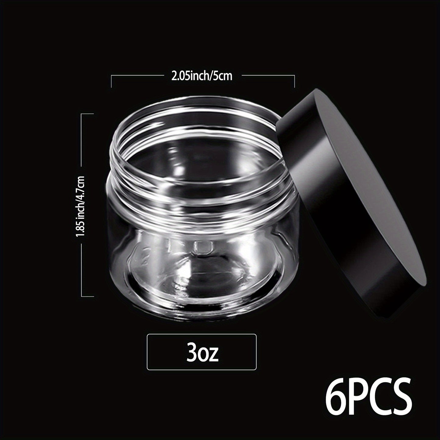 6 pcs Leak-Proof Plastic Pot Jars for Travel Storage and Cosmetic Use - Includes 6 Sizes (6,4,3,2)oz - Clear and Black Lids - Perfect for Makeup, Eye Shadow, Nails, Powder, Paint, and Jewelry