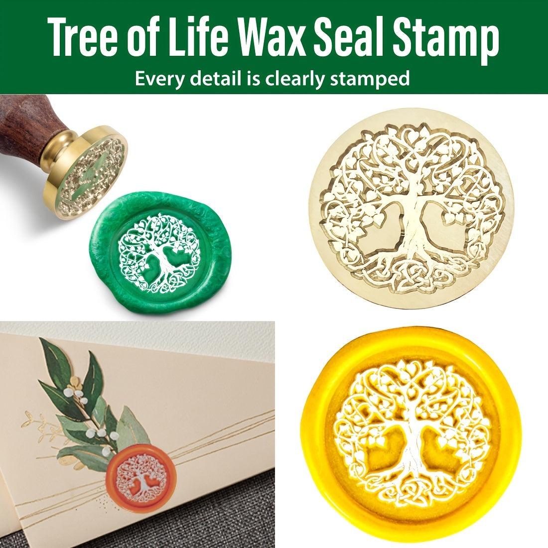 1pc Wax Seal Stamp - 25mm Removable Brass Head With Wooden Handle, Vintage Sealing Wax Stamp For Wedding Invitations Envelopes Wine Packages Greeting Cards, Bee/Tree Of Life/Rose/Heart/Rosemary