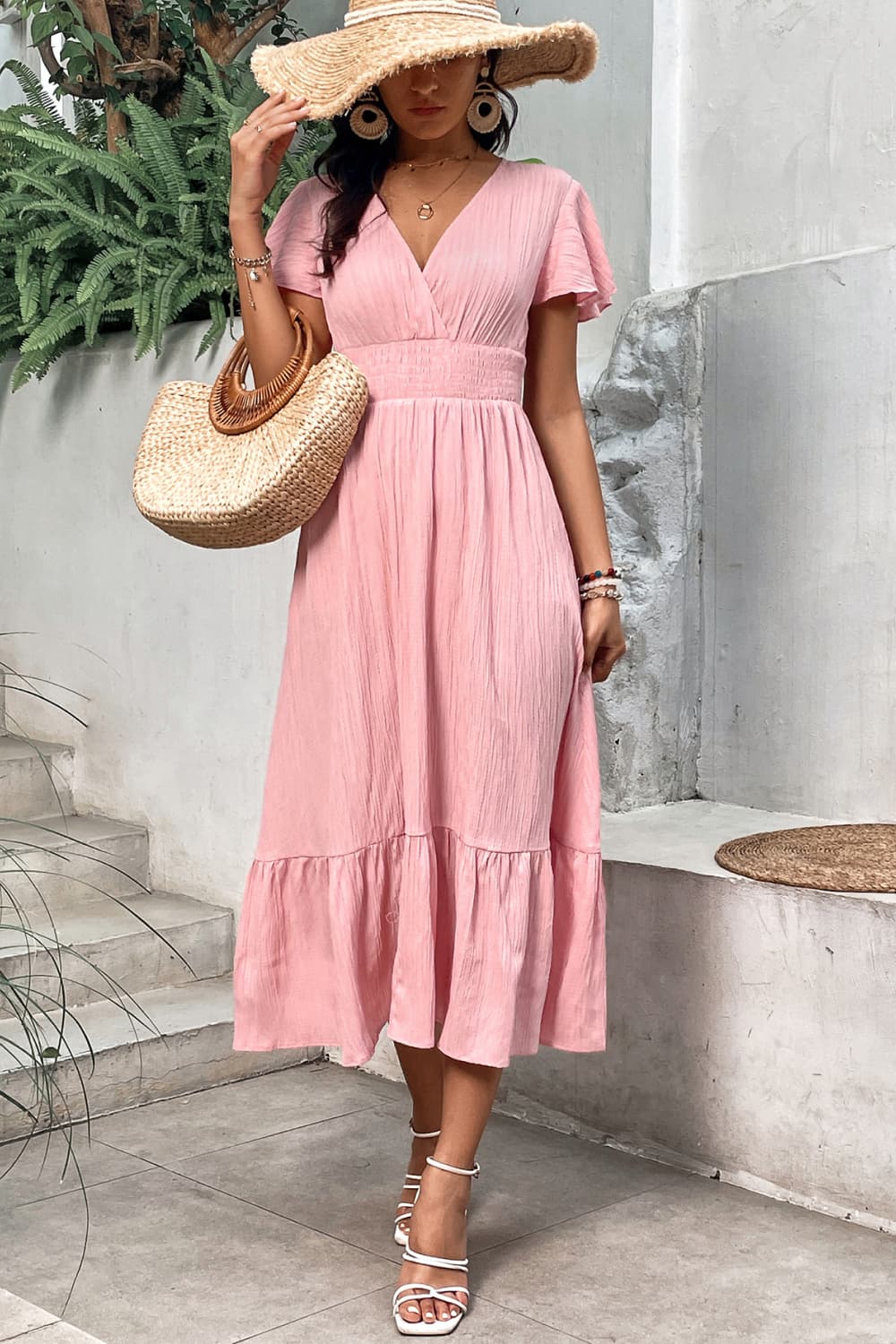 Surplice Neck Smocked Waist Flutter Sleeve Dress