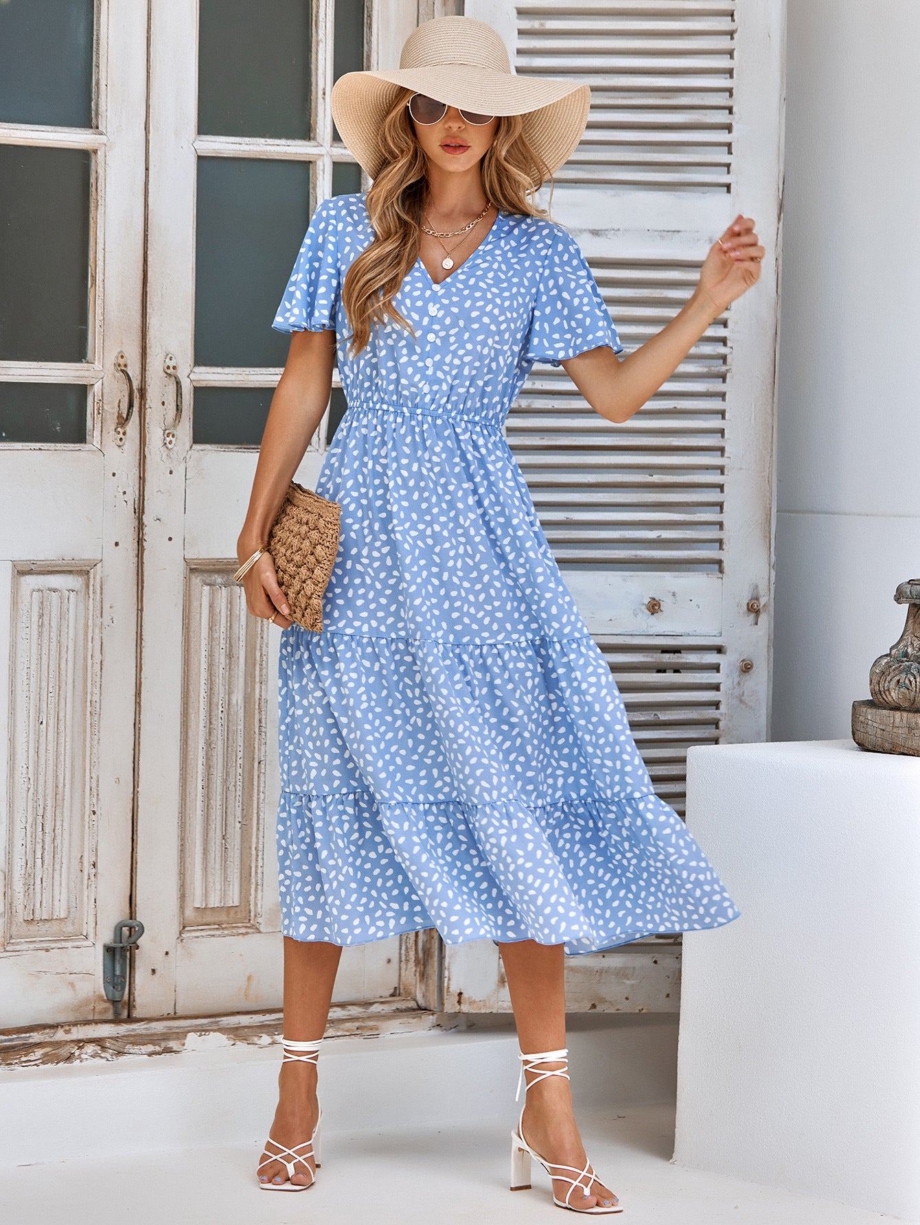 Printed Flutter Sleeve Tiered Dress