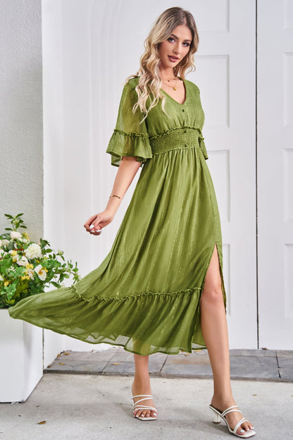 V-Neck Flounce Sleeve Smocked Waist High Slit Dress