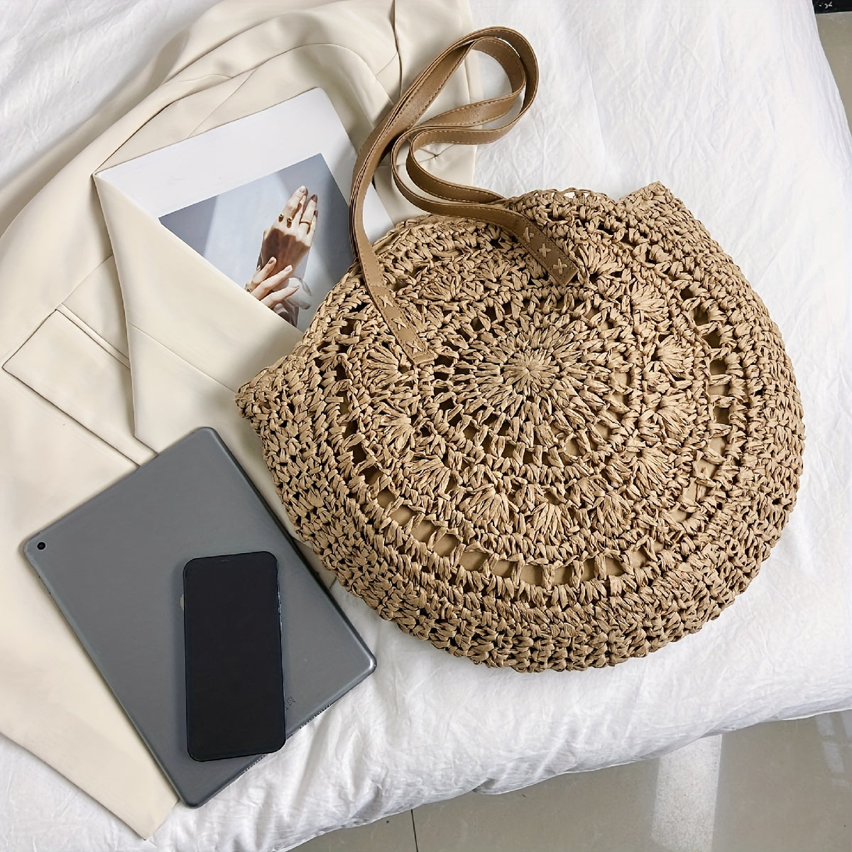 Woven Straw Round Handbags, Hollow Out Summer Beach Bag, Women's Large Capacity Shoulder Bag