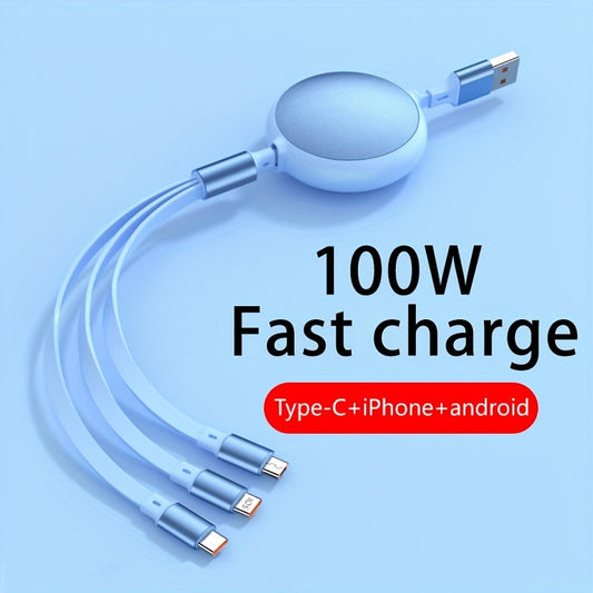 100W Super Fast Charge 3-in-1 Retractable Charging Cable for Apple, Android, and Type-C - Multifunctional Mobile Phone and Electronic Accessories Charger