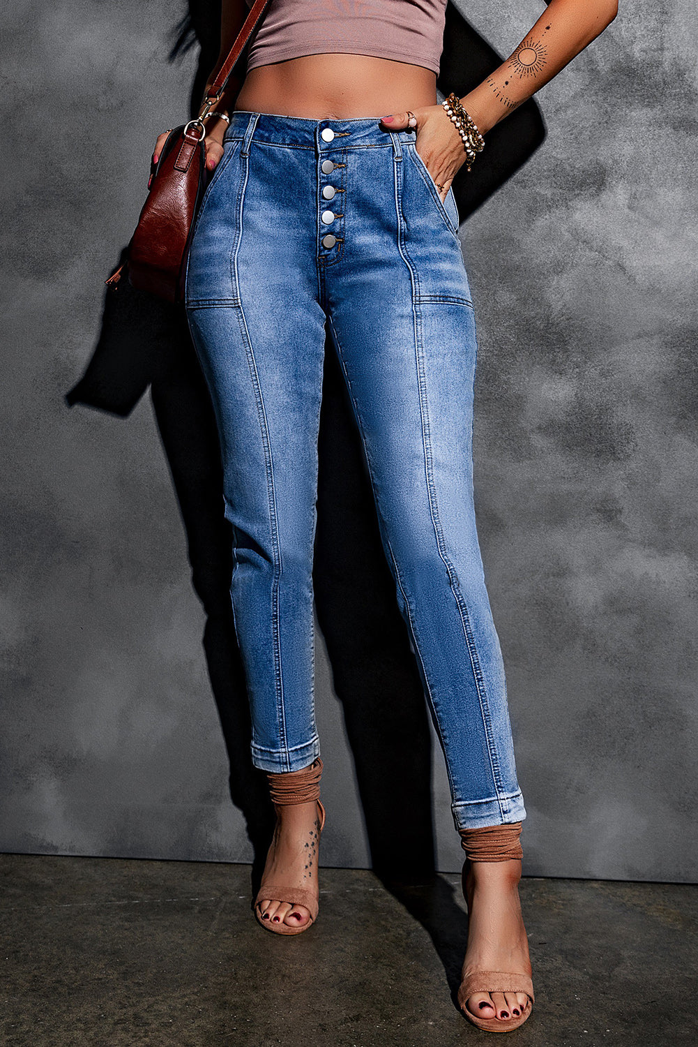 Button Fly Center Seam High Rise Jeans