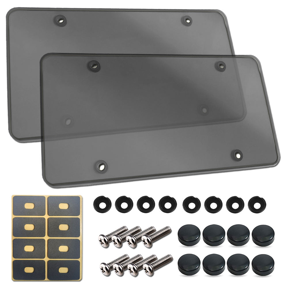 2Pcs Smoked License Plate Covers - Tinted Acrylic Flat Protector for Cars & Trucks - With Mounting Screws & Caps