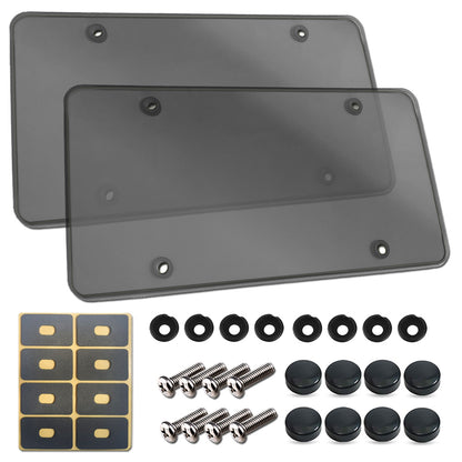 2Pcs Smoked License Plate Covers - Tinted Acrylic Flat Protector for Cars & Trucks - With Mounting Screws & Caps