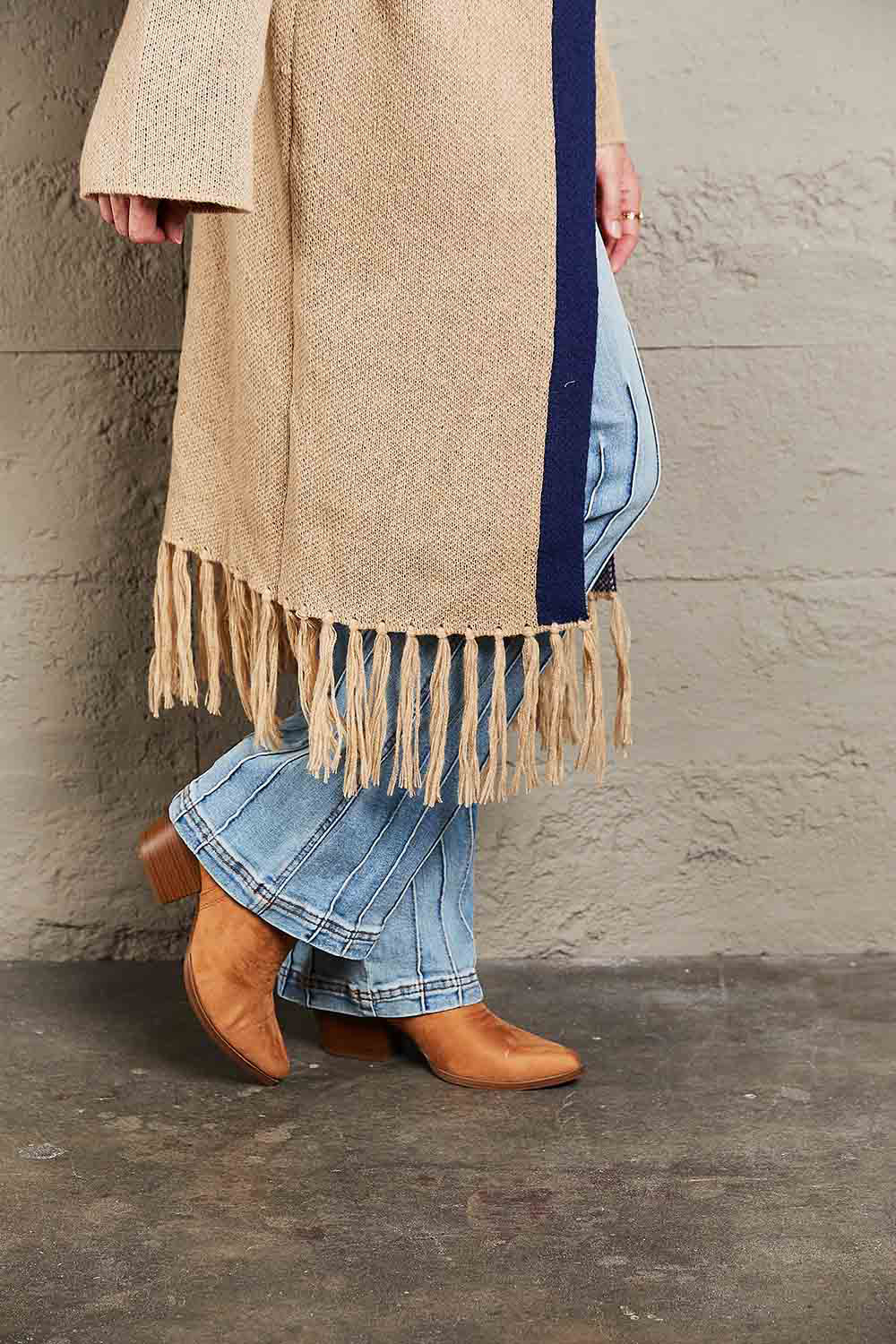 Double Take Geometric Fringe Hem Open Front Duster Cardigan