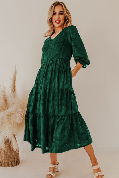 Smocked V-Neck Flounce Sleeve Dress