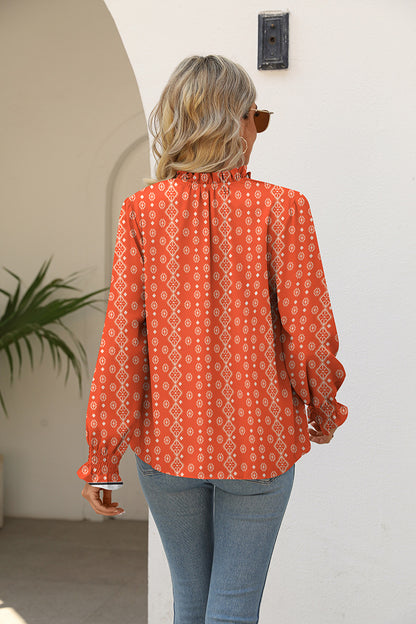 Printed Tie Neck Flounce Sleeve Blouse