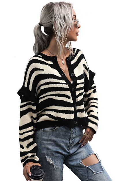 Striped Button-Down Round Neck Drop Shoulder Cardigan