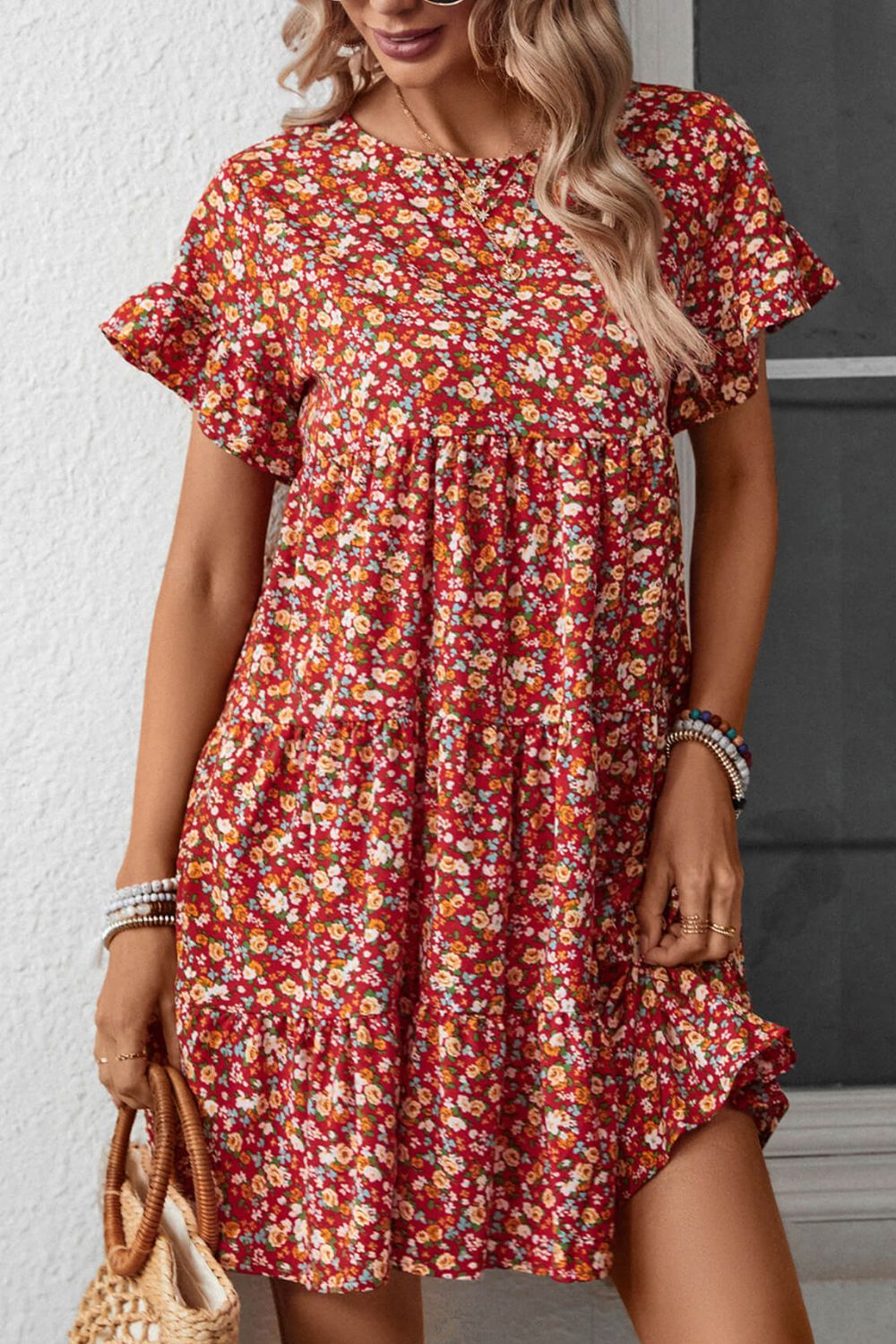 Floral Round Neck Flounce Sleeve Dress