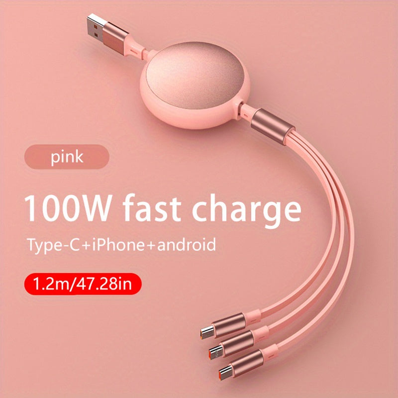 100W Super Fast Charge 3-in-1 Retractable Charging Cable for Apple, Android, and Type-C - Multifunctional Mobile Phone and Electronic Accessories Charger