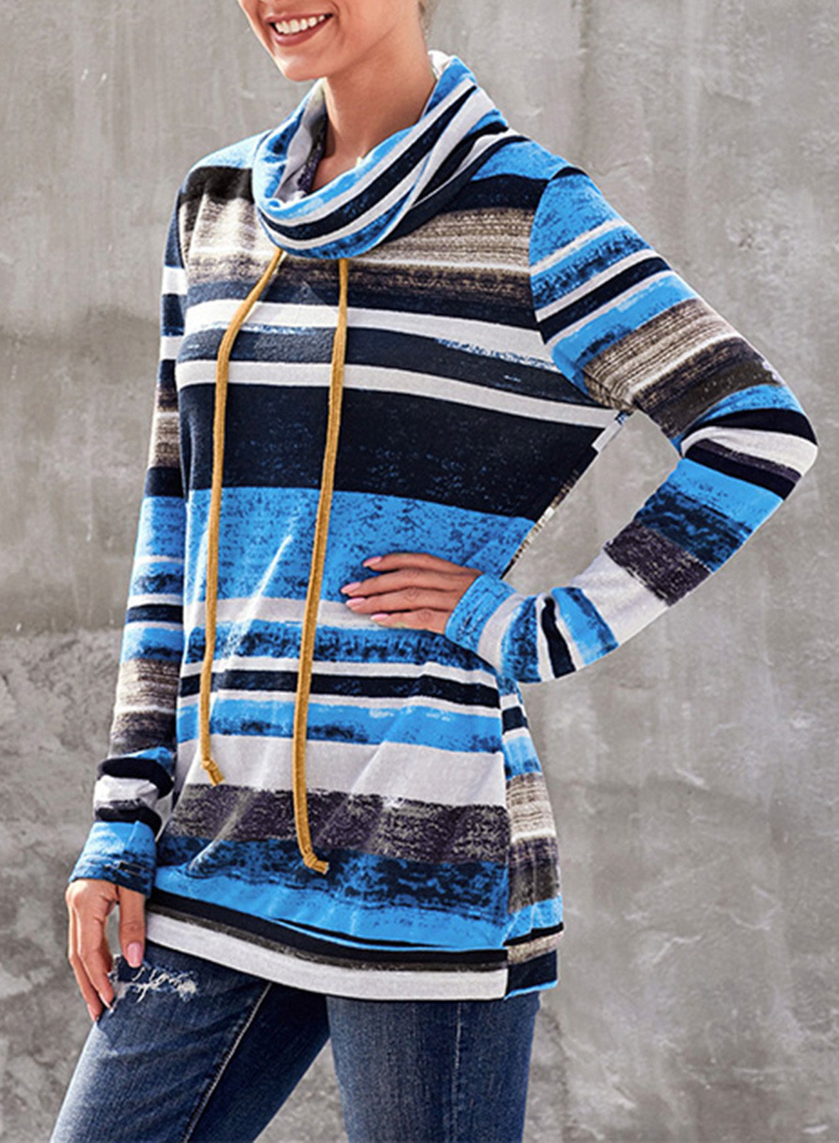 Striped Cowl Neck Tunic Sweatshirt