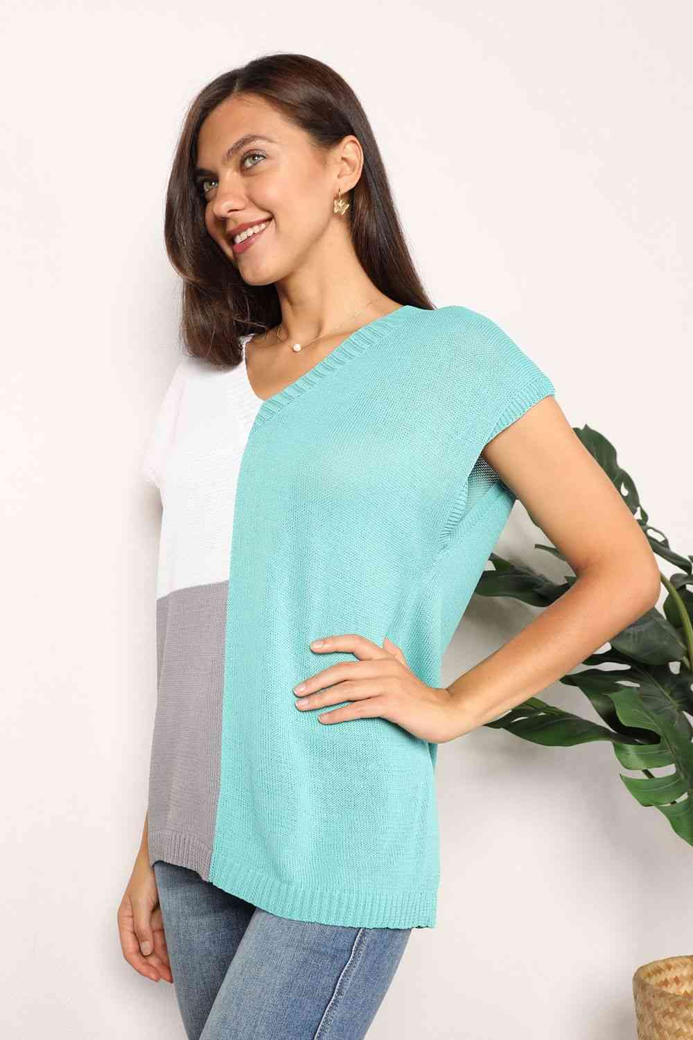 Double Take Color Block V-Neck Knit Top