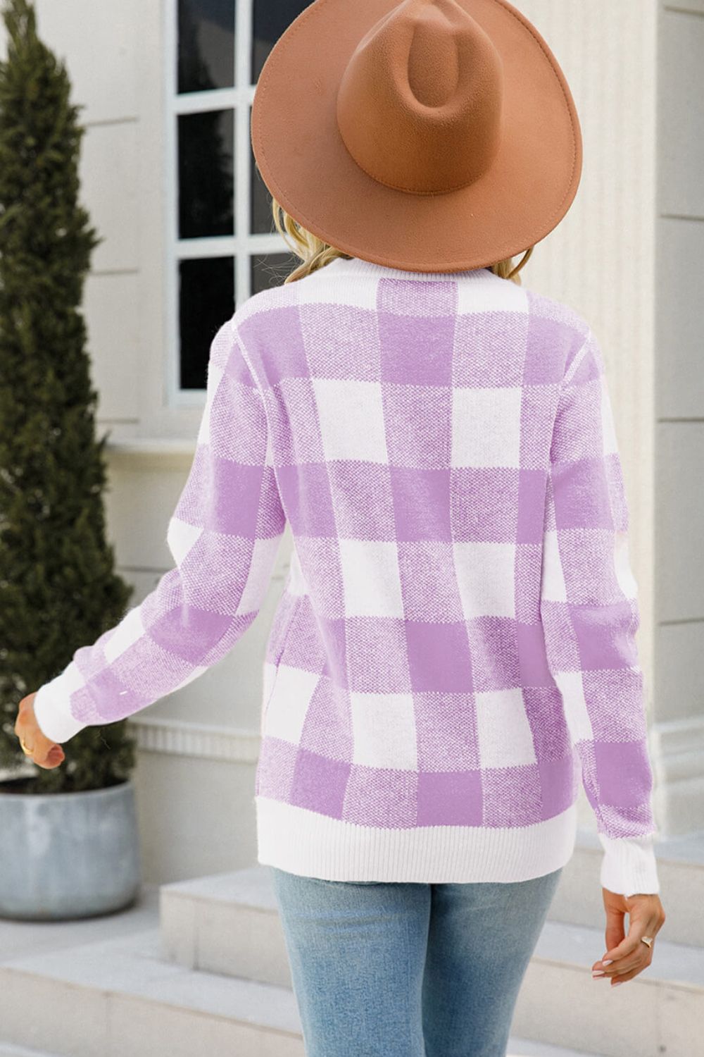 Checkered Ribbed Trim Knit Pullover