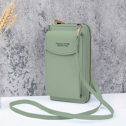 Mini sac de téléphone à fermeture éclair, petit portefeuille polyvalent à la mode avec détails de lettres, sac à bandoulière de couleur unie 