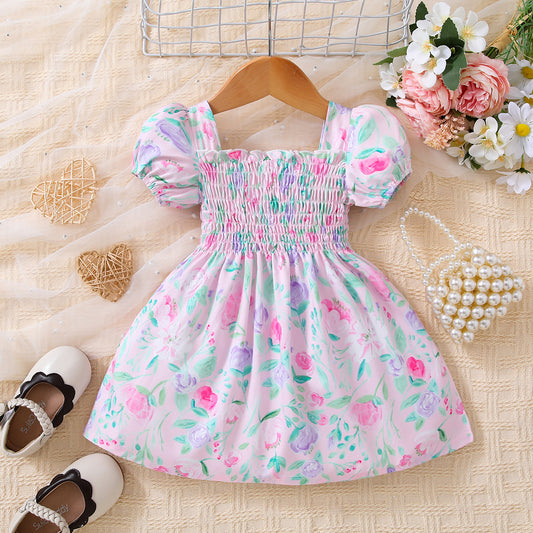 Bebé niña Vestido fruncido con ribete de volante floral