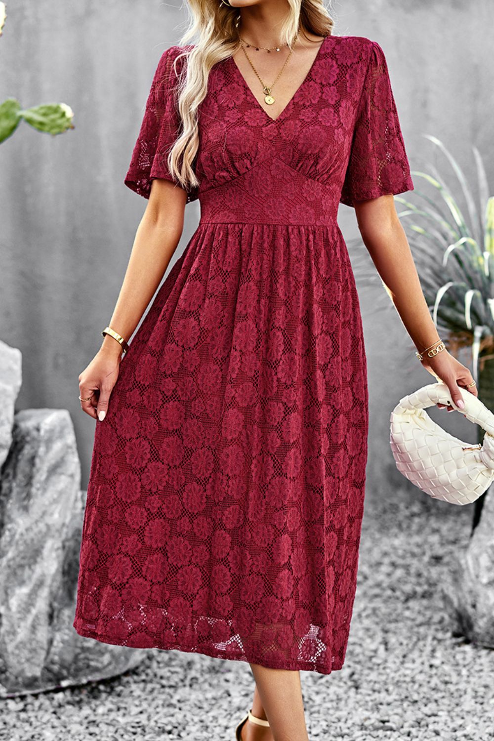 V-Neck Puff Sleeve Lace Midi Dress